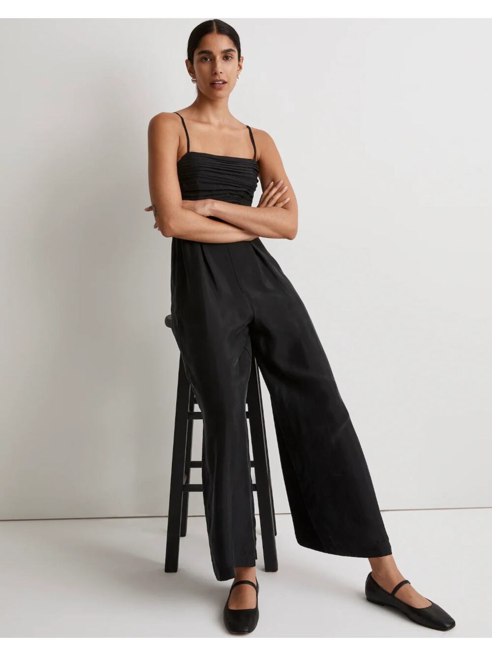 Madewell Ruched Drapey Silky Crop Straight Leg Jumpsuit True Black 14 NWT $138